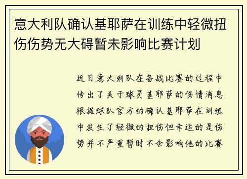 意大利队确认基耶萨在训练中轻微扭伤伤势无大碍暂未影响比赛计划