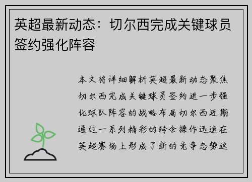 英超最新动态：切尔西完成关键球员签约强化阵容