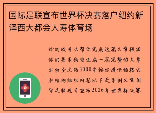 国际足联宣布世界杯决赛落户纽约新泽西大都会人寿体育场