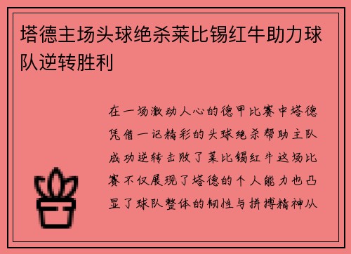 塔德主场头球绝杀莱比锡红牛助力球队逆转胜利